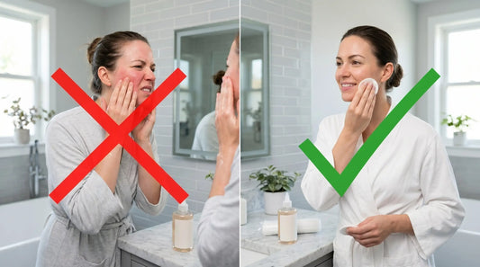 A split screen in which there are two different girls using the Glycolic acid. One is using the right way and other is using the wrong way.