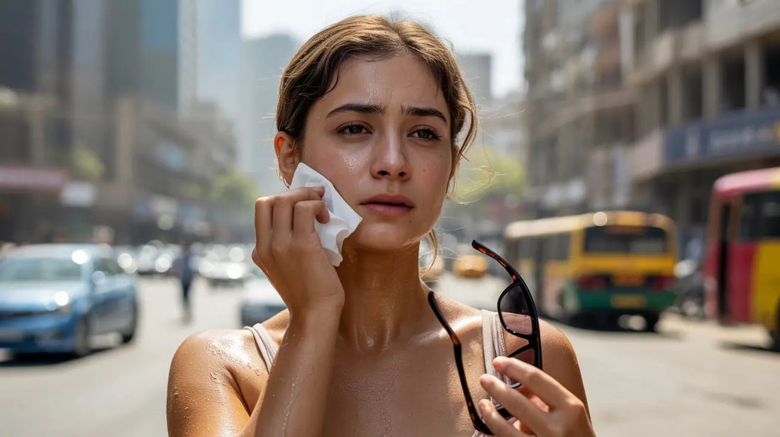 woman wiping her face with a tissue on a hot, busy city street