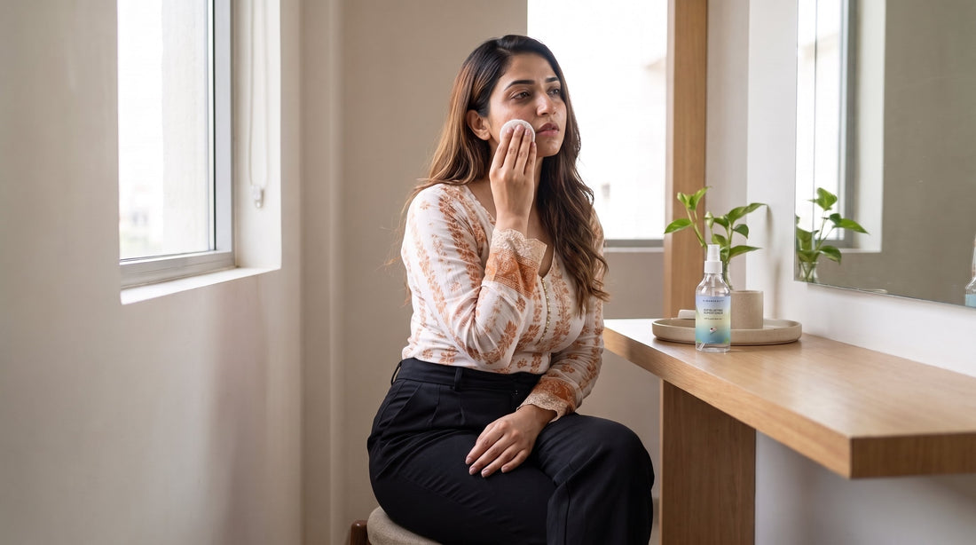 Woman applying Klean Beauty Exfoliating Super Toner to her cheek during a skincare routine